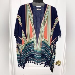 NWT Janice Tassel Trim Aztec Pattern Open Front Poncho Cape Navy One Size
